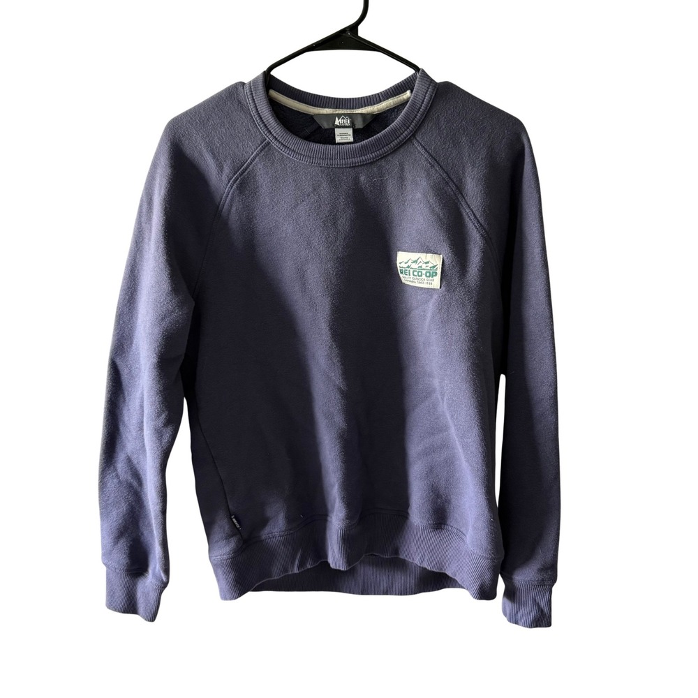 REI Co-op Womens Small Purple Raglan Fleece Crewneck Sweatshirt Mountain Patch
